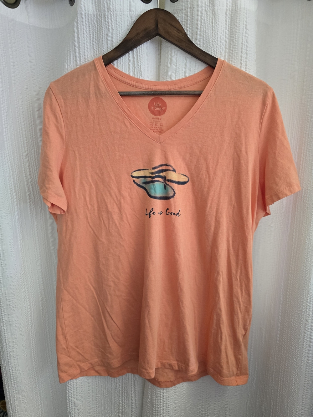 Womens XL Life Is Good Coral V-Neck Flip Flop Graphic Tee